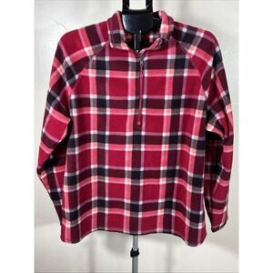 Eddie Bauer Pullover Womens XXL 2XL Pink Red Plaid Fleece 1/4 Zip Long Sleeve